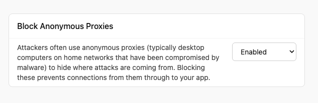 Block Anonymous Proxies setting with an Enabled / Disabled dropdown