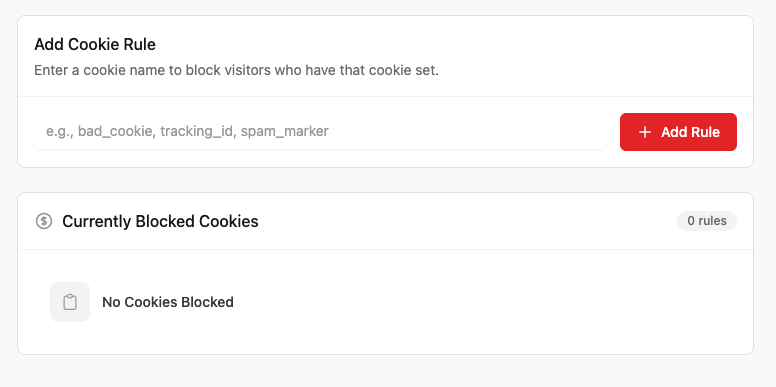 Add Cookie Rule panel with a cookie-name input and a list of currently blocked cookies