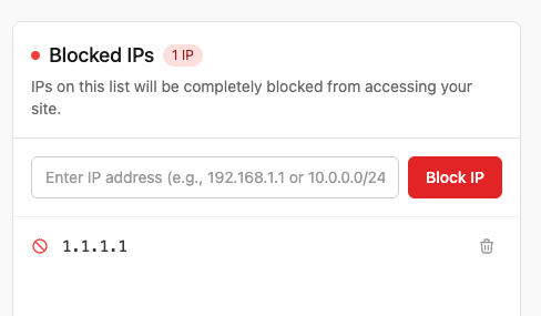 Blocked IPs panel with an IP address input and a list of blocked IPs