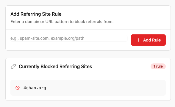 Add Referring Site Rule panel with a domain/URL pattern input and a list of currently blocked referring sites