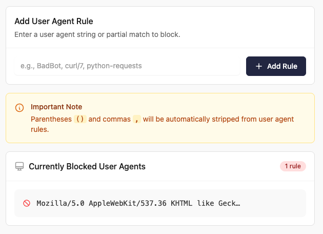 Add User Agent Rule panel with an input for a user agent string and a list of currently blocked user agents