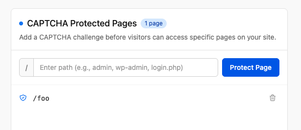 CAPTCHA Protected Pages panel with a path input and a list of protected pages