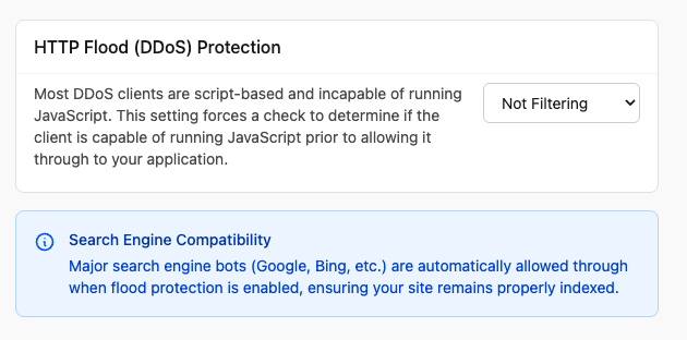 HTTP Flood (DDoS) Protection setting with a Filtering / Not Filtering dropdown