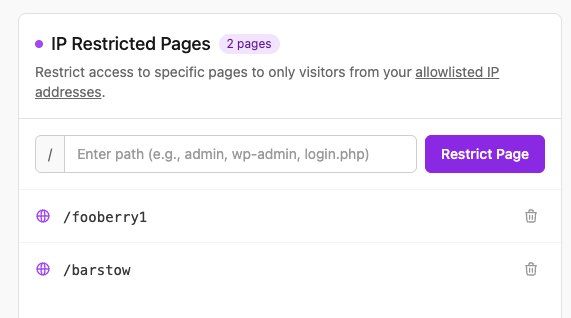 IP Restricted Pages panel with a path input and a list of IP-restricted pages