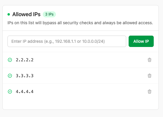 IP Rules Allow list where allowed IP addresses that bypass security checks are added