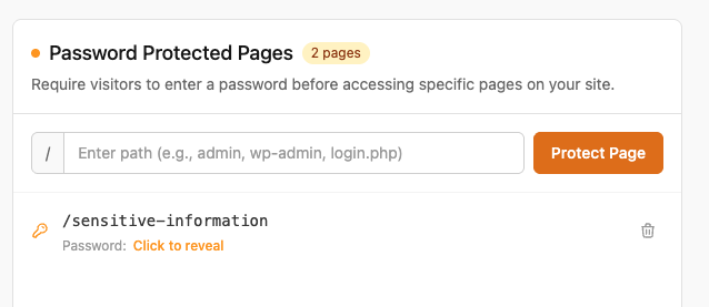 Password Protected Pages panel showing a protected path with a click-to-reveal password