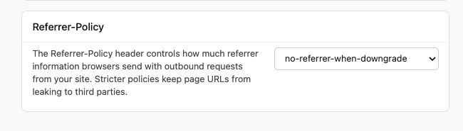 Referrer-Policy card on the Content Security page with the policy dropdown